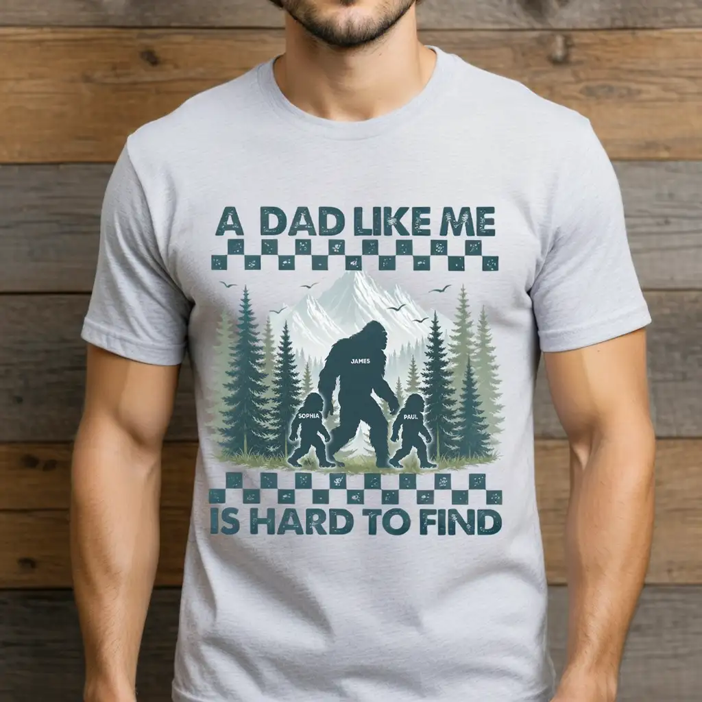 Personalized Classic Tee With Bigfoot Dad & Kids, Retro Forest Graphic, Unique Gift for Dad