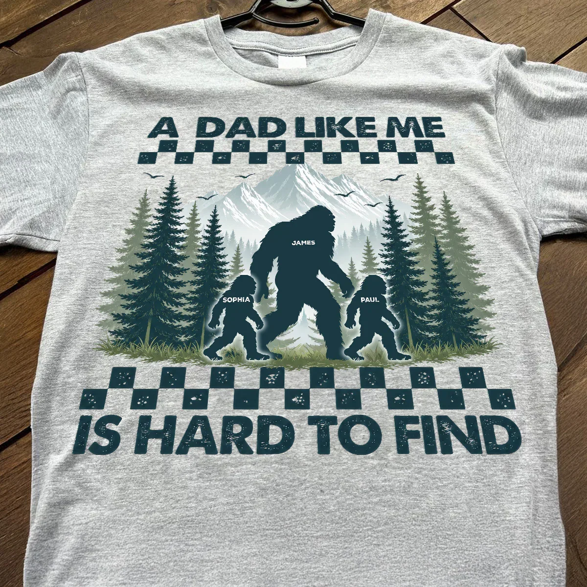 Personalized Classic Tee With Bigfoot Dad & Kids, Retro Forest Graphic, Unique Gift for Dad - Image 2