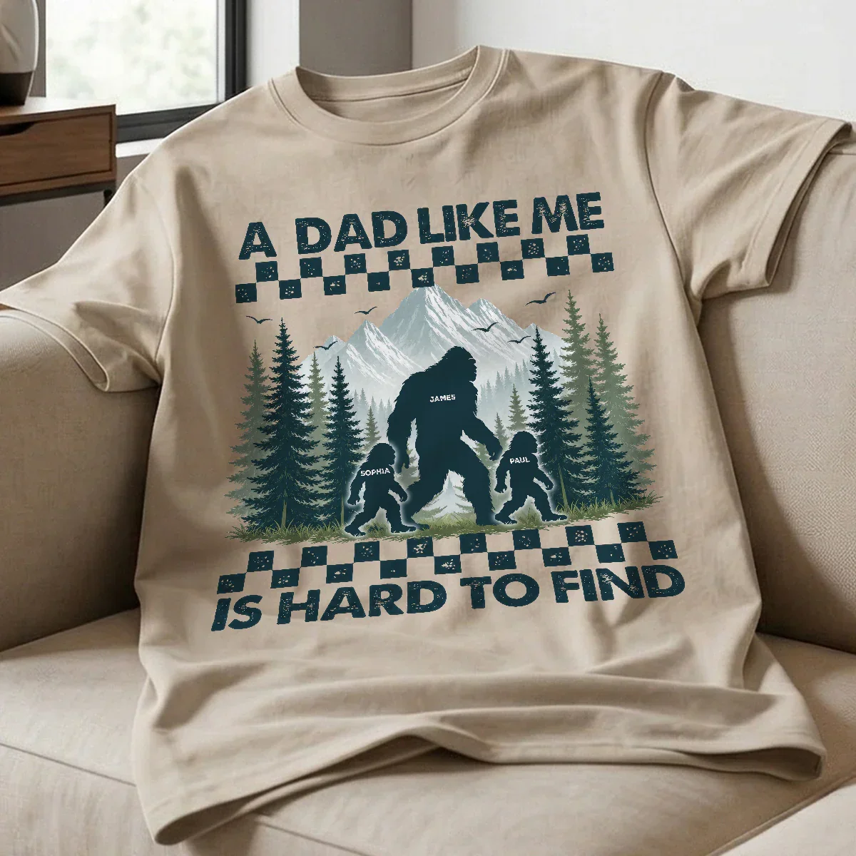 Personalized Classic Tee With Bigfoot Dad & Kids, Retro Forest Graphic, Unique Gift for Dad - Image 3