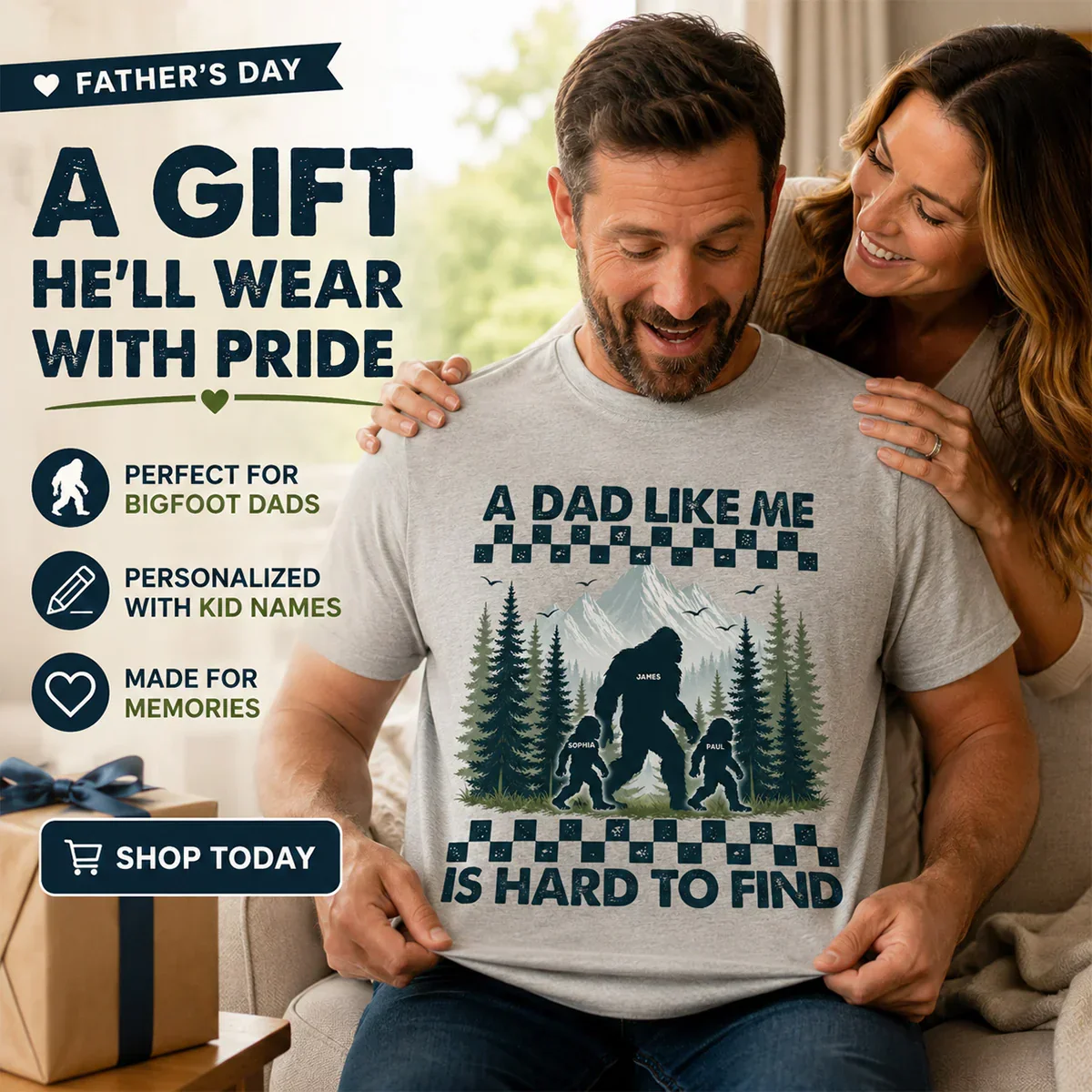 Personalized Classic Tee With Bigfoot Dad & Kids, Retro Forest Graphic, Unique Gift for Dad - Image 4