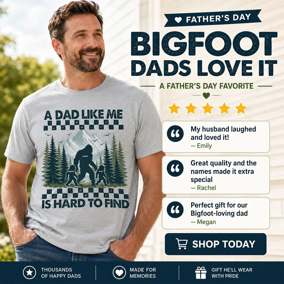 Personalized Classic Tee With Bigfoot Dad & Kids, Retro Forest Graphic, Unique Gift for Dad - Image 5