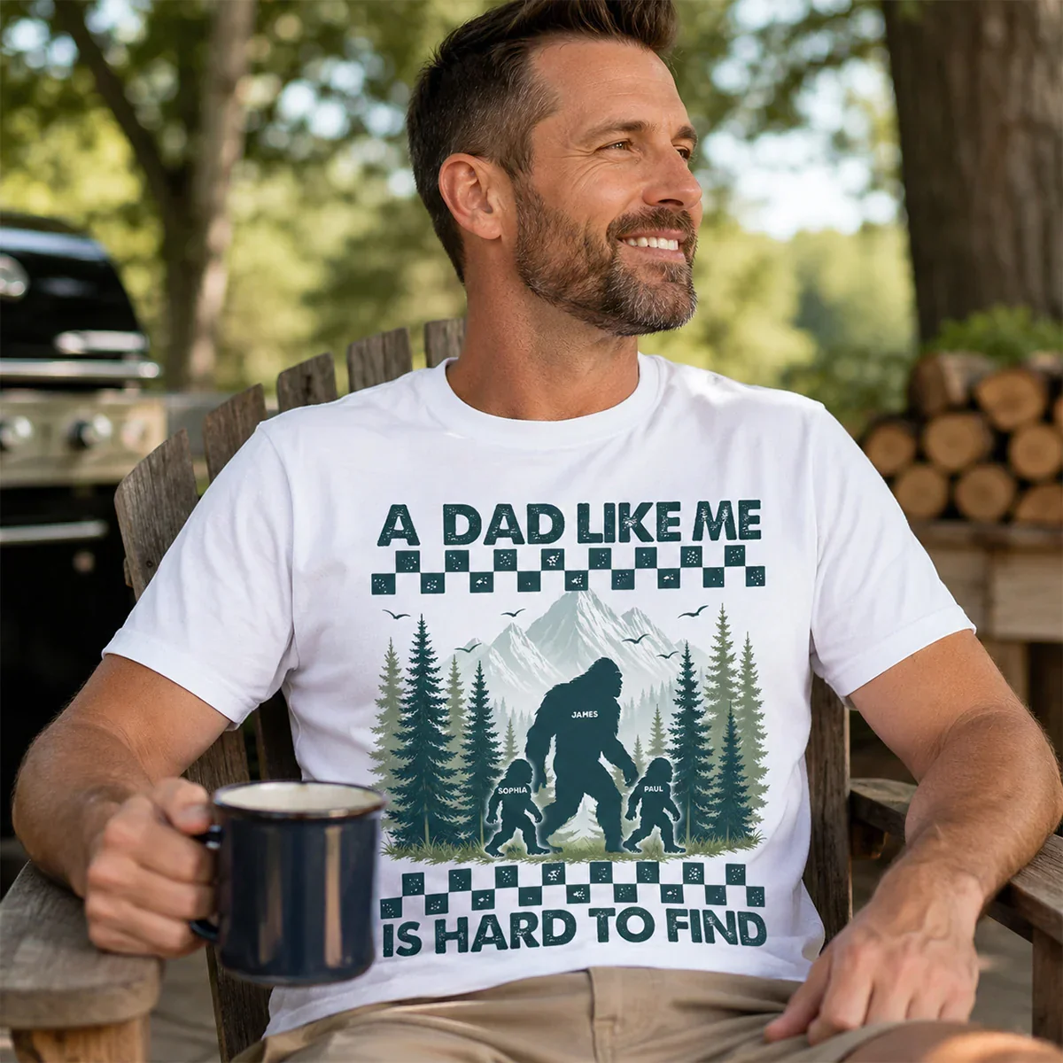 Personalized Classic Tee With Bigfoot Dad & Kids, Retro Forest Graphic, Unique Gift for Dad - Image 6
