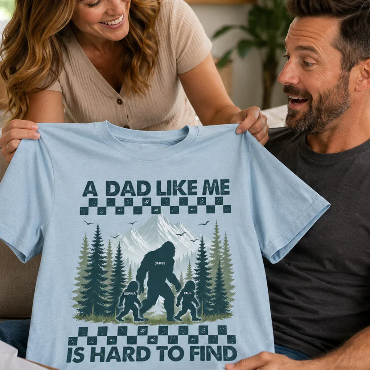 Personalized Classic Tee With Bigfoot Dad & Kids, Retro Forest Graphic, Unique Gift for Dad - Image 7