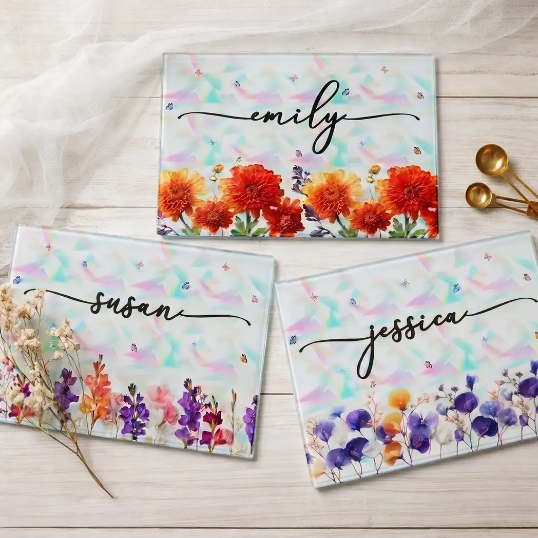 Tempered Glass Cutting Board With Custom Script Name, Watercolor Flowers, Creative Kitchen Gift for Her