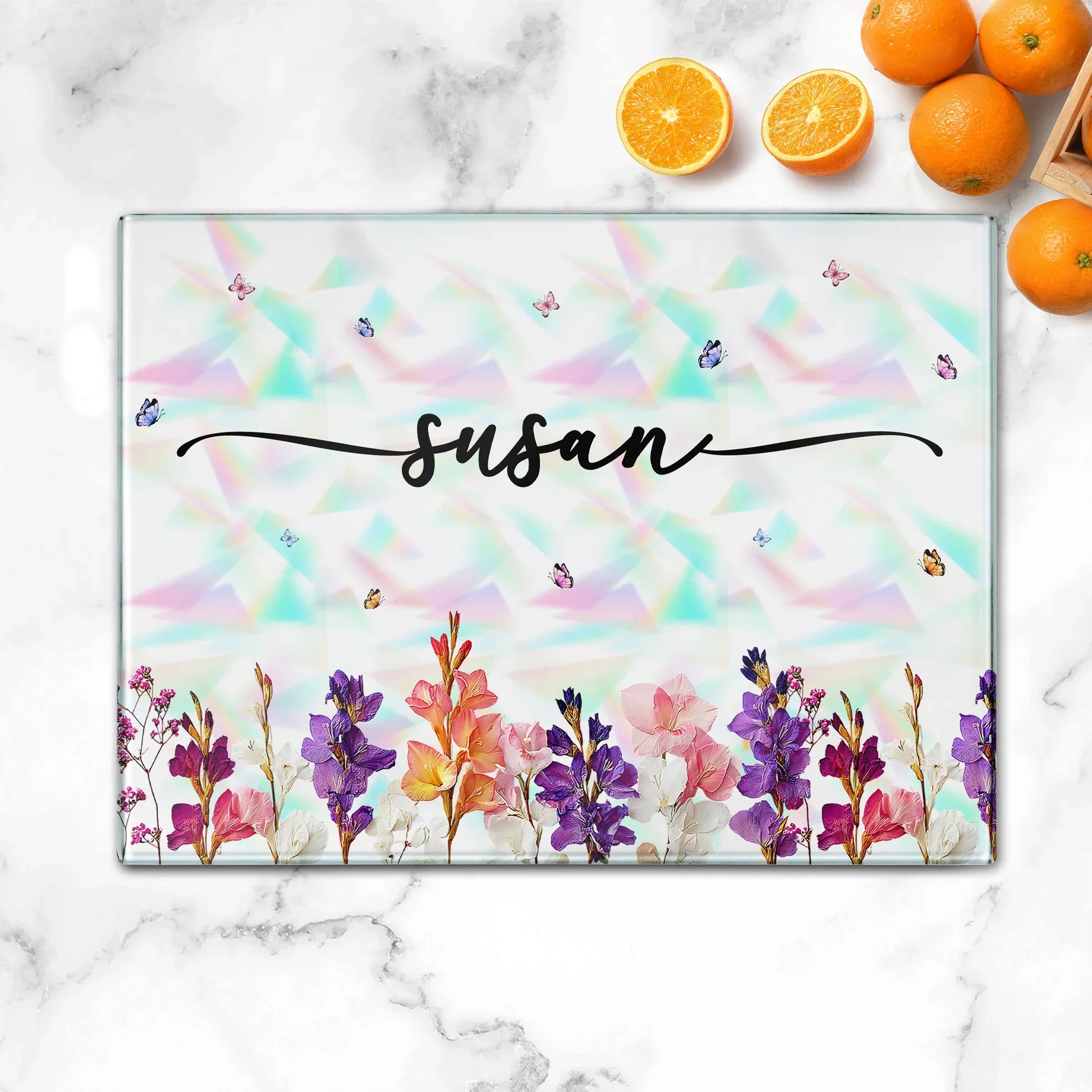 Tempered Glass Cutting Board With Custom Script Name, Watercolor Flowers, Creative Kitchen Gift for Her - Image 2