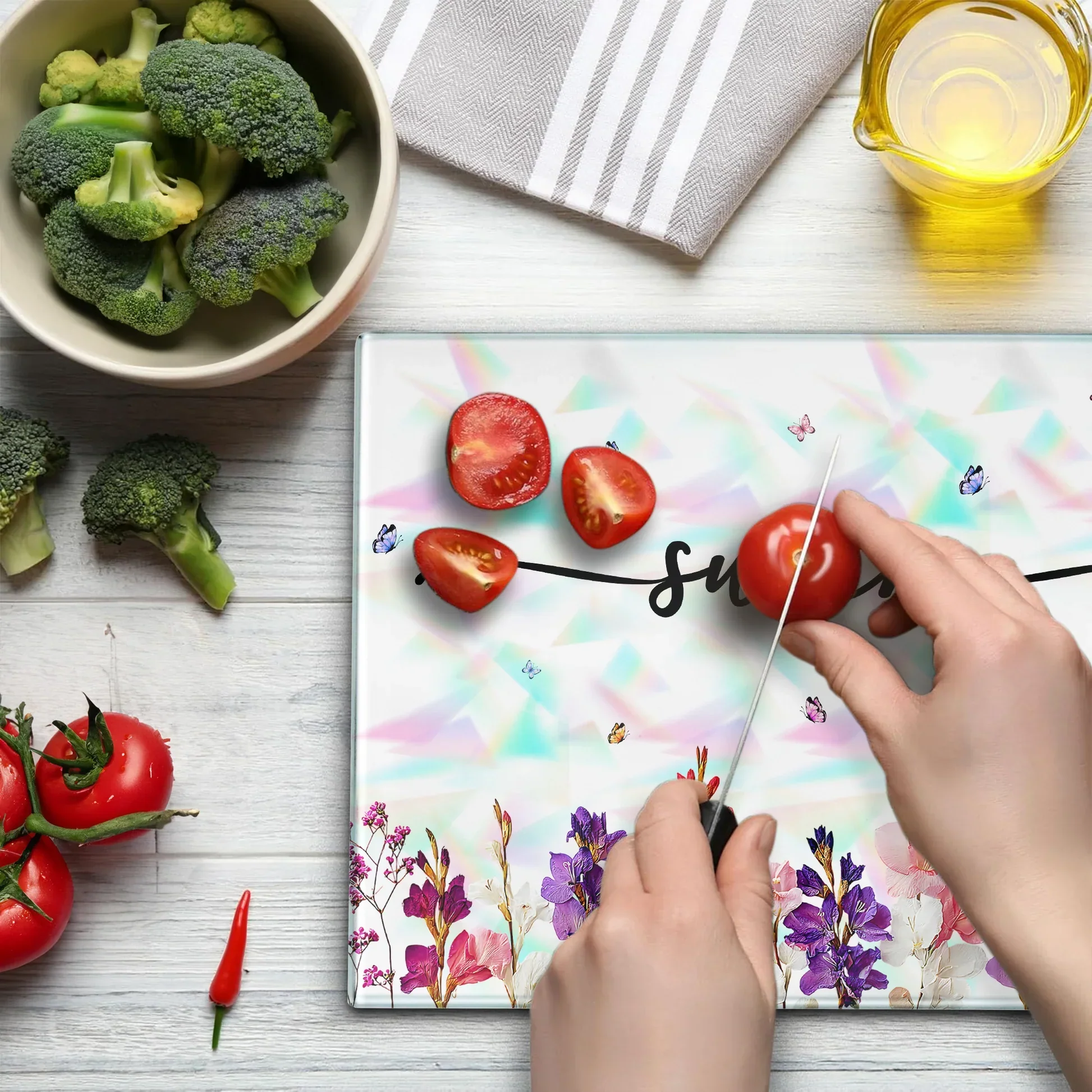 Tempered Glass Cutting Board With Custom Script Name, Watercolor Flowers, Creative Kitchen Gift for Her - Image 5