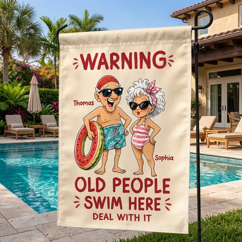 Warning Old People Swim Here Personalized Garden Flag, Funny Pool Patio Decor, Creative Gift for Grandparents