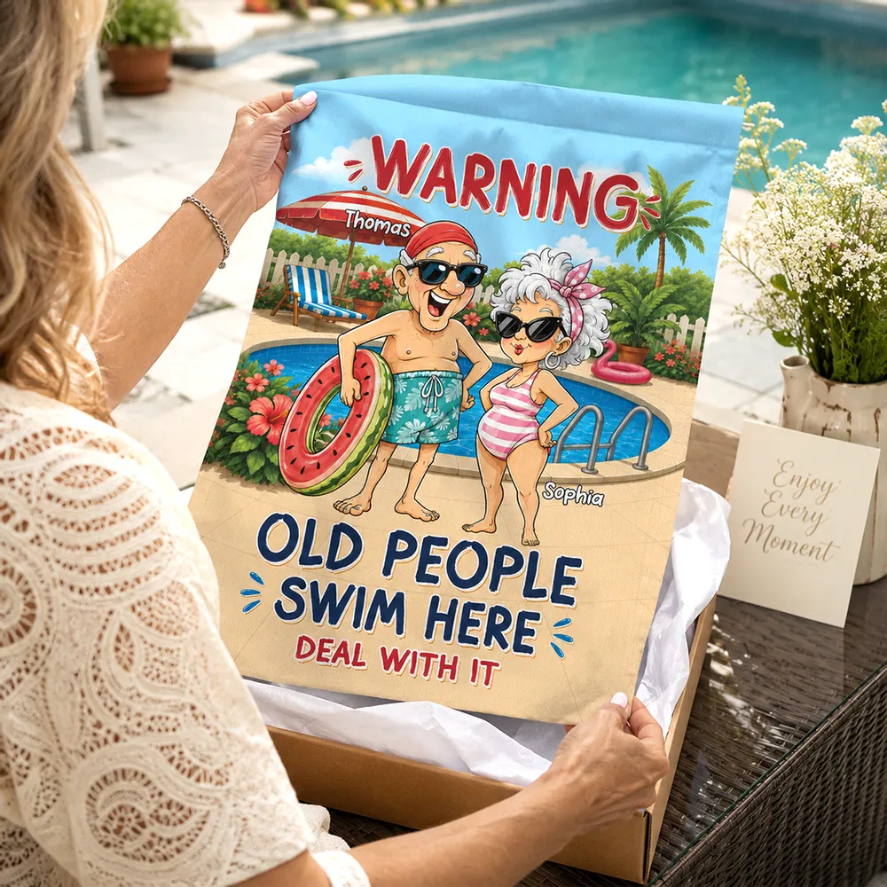 Warning Old People Swim Here Personalized Garden Flag, Funny Pool Patio Decor, Creative Gift for Grandparents - Image 2