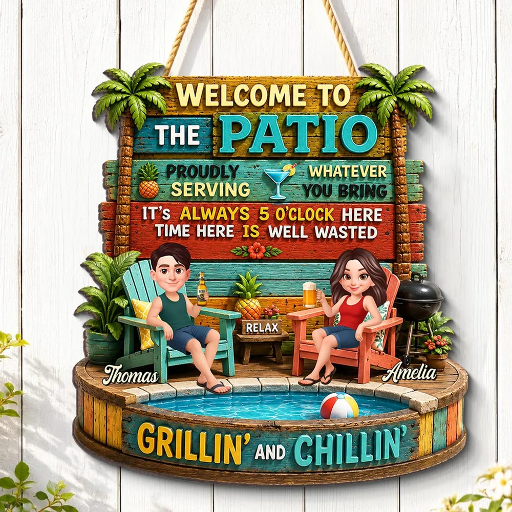 Personalized Wooden Sign with Cartoon Couple Patio Scene, Unique Gift for Couples - Image 2