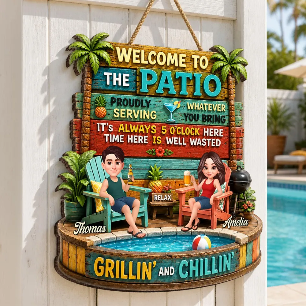 Personalized Wooden Sign with Cartoon Couple Patio Scene, Unique Gift for Couples - Image 3