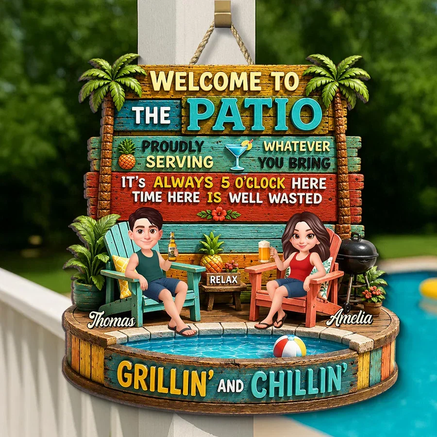 Personalized Wooden Sign with Cartoon Couple Patio Scene, Unique Gift for Couples - Image 5