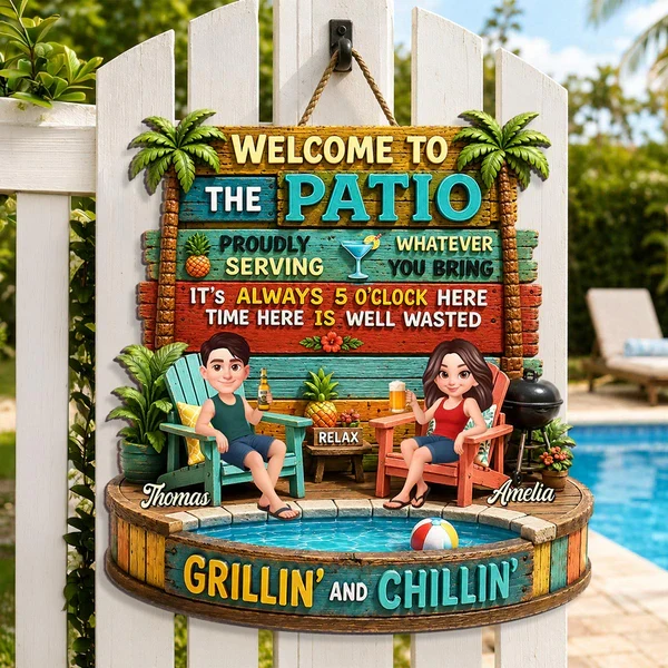 Personalized Wooden Sign with Cartoon Couple Patio Scene, Unique Gift for Couples - Image 6