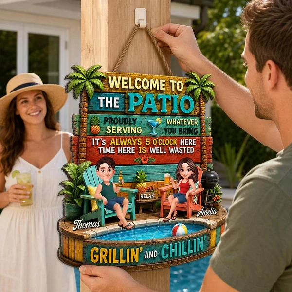 Personalized Wooden Sign with Cartoon Couple Patio Scene, Unique Gift for Couples - Image 7