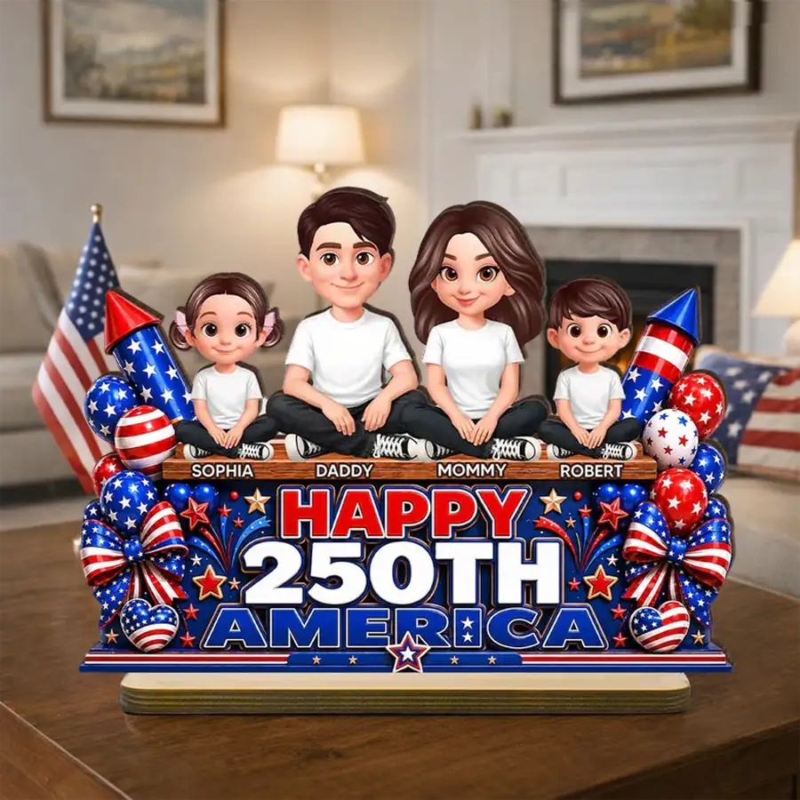 Custom 2-Layer Wooden Plaque, Sitting Family Patriotic Keepsake, Creative Gift for Family