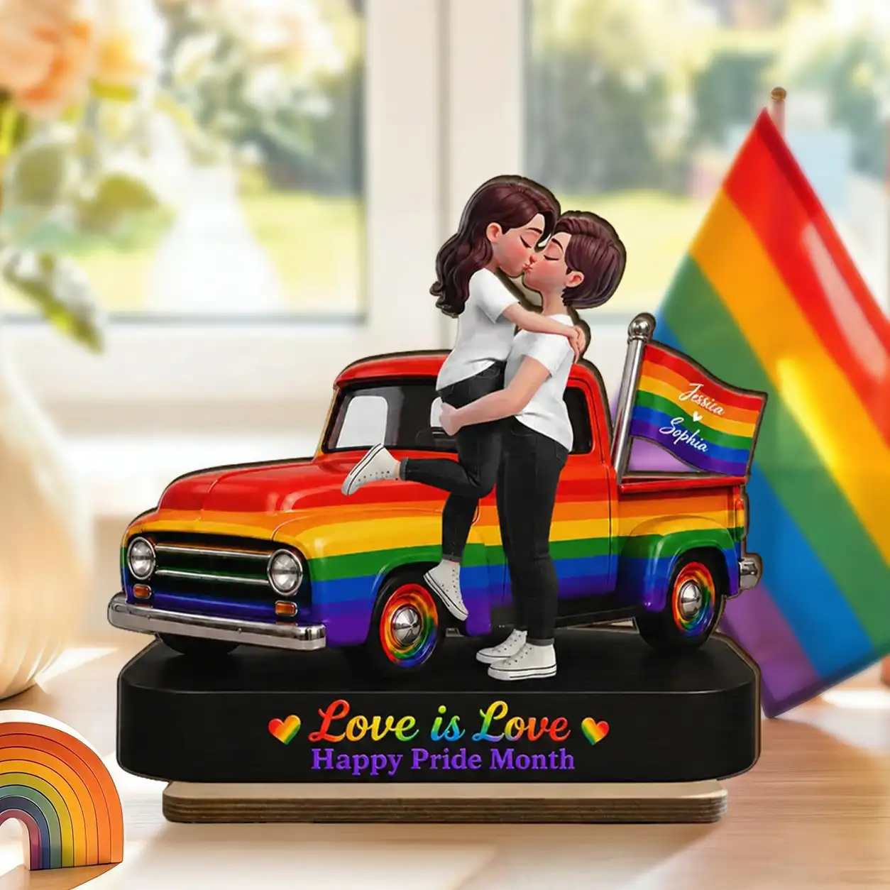 Personalized 2-Layer Wooden Plaque, LGBT Couple Rainbow Truck, Unique Gift for Couple, Pride Decor