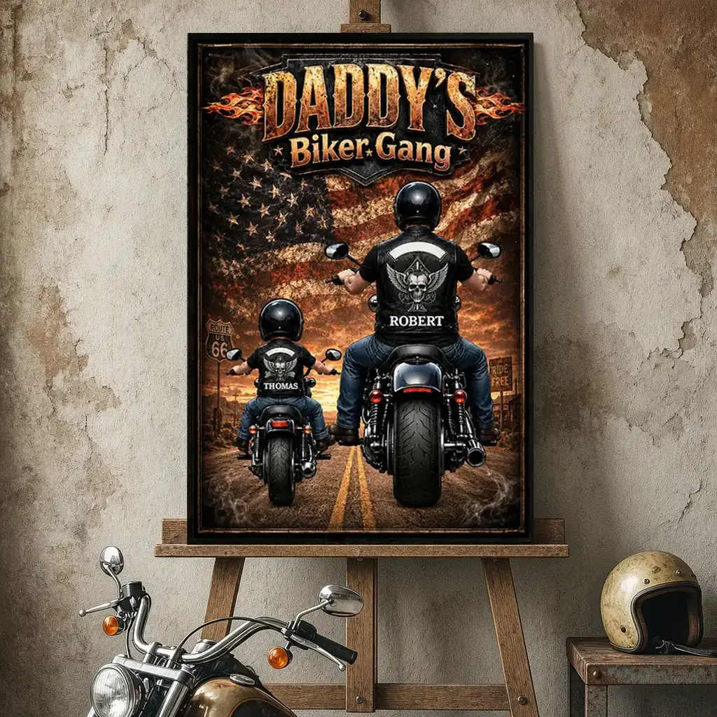 Daddy's Biker Gang Personalized Poster, Dad & Child Riding Motorcycles, Unique Father's Day Gift for Dad