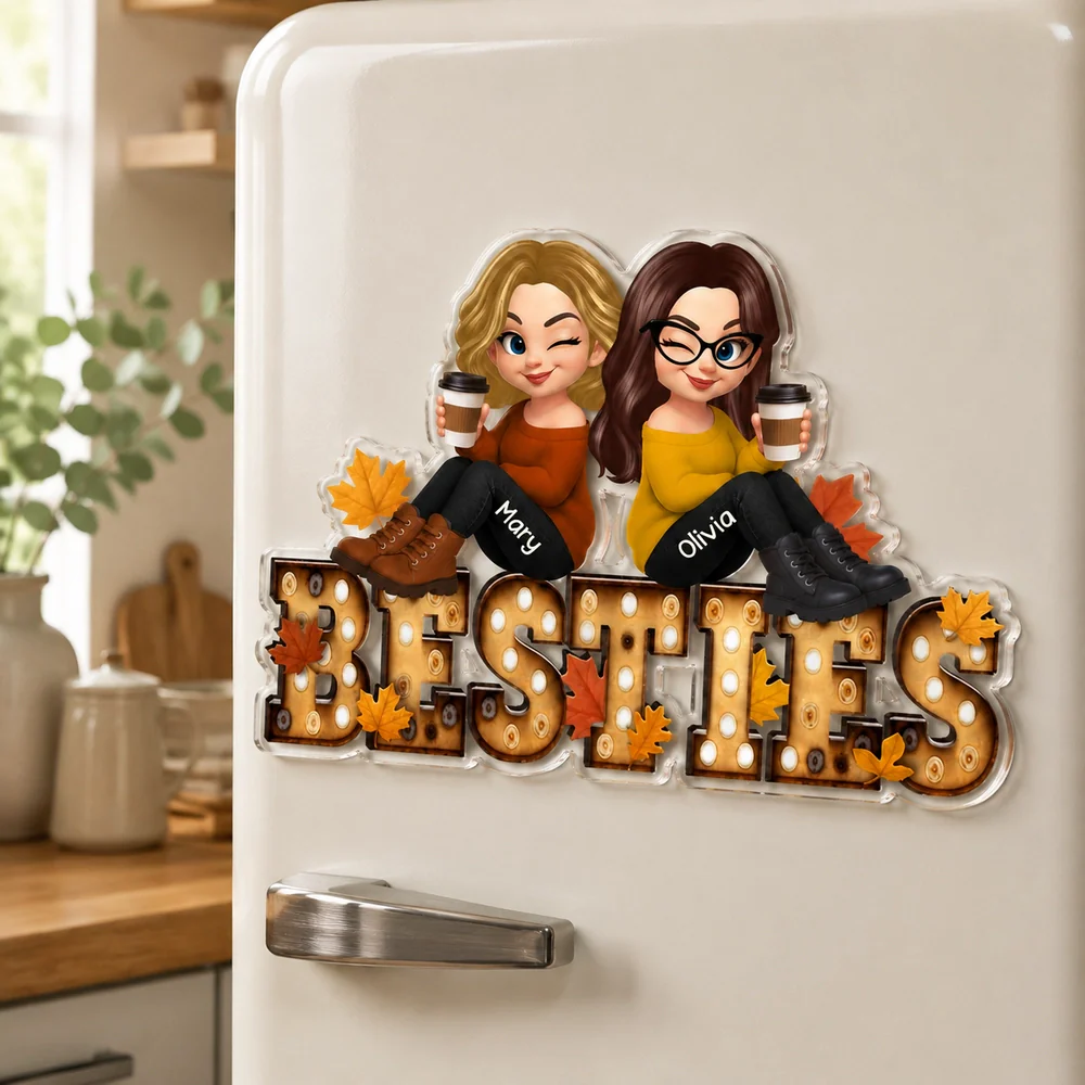 Custom Acrylic Fridge Magnet With Autumn Leaves & Sitting Friends, Creative Gift For Friendship
