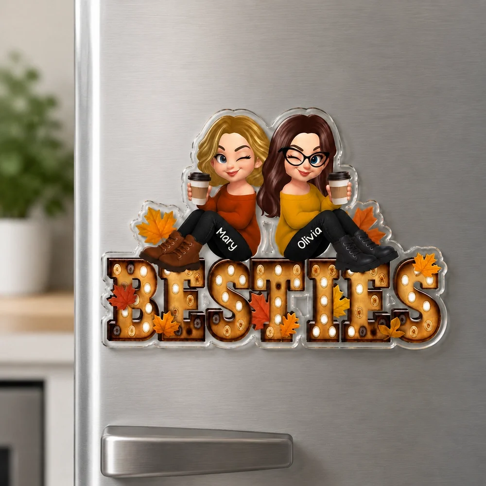 Custom Acrylic Fridge Magnet With Autumn Leaves & Sitting Friends, Creative Gift For Friendship - Image 2