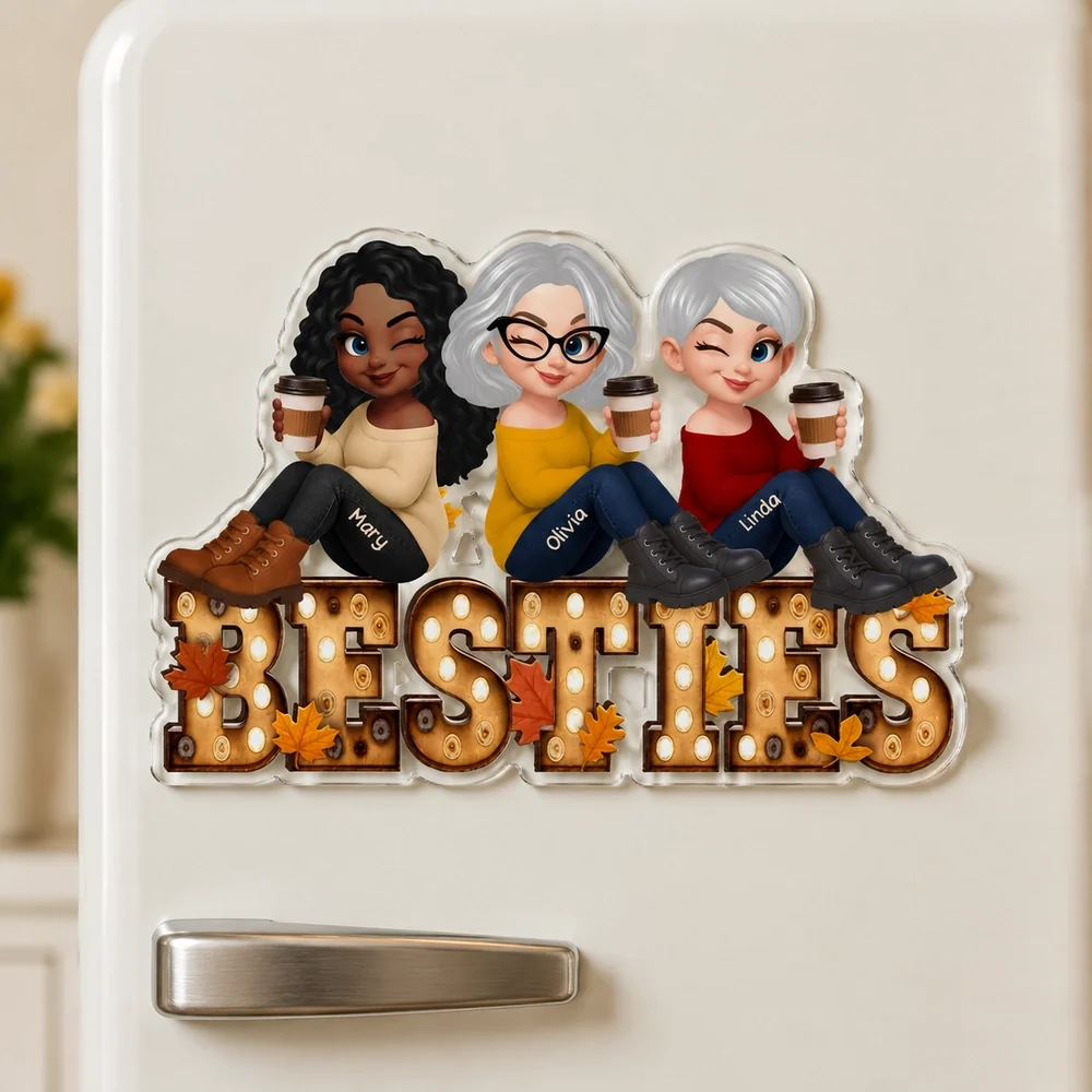 Custom Acrylic Fridge Magnet With Autumn Leaves & Sitting Friends, Creative Gift For Friendship - Image 3