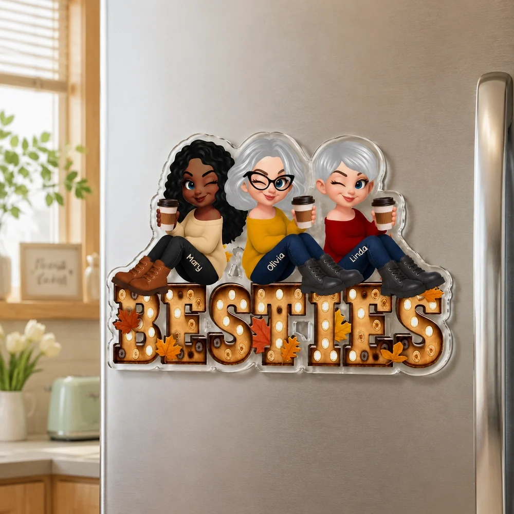 Custom Acrylic Fridge Magnet With Autumn Leaves & Sitting Friends, Creative Gift For Friendship - Image 6