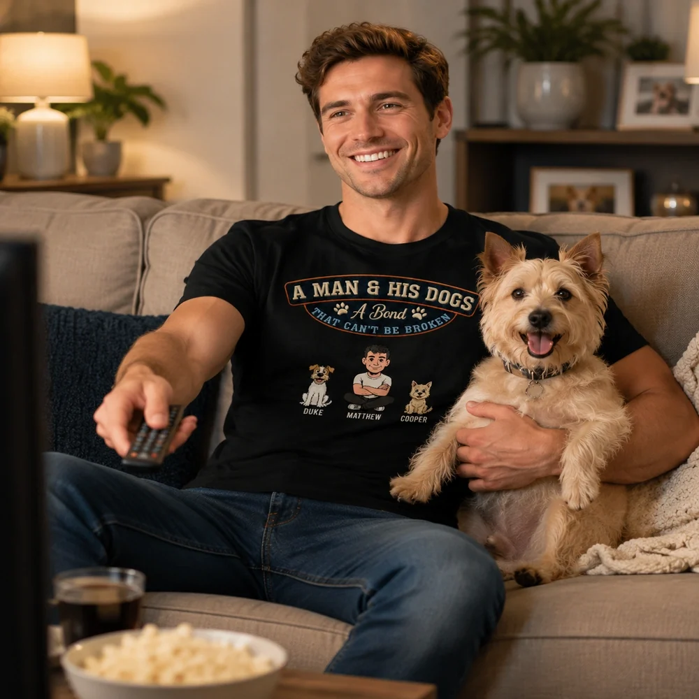 Personalized Classic Tee with Man & Dogs Artwork, Unique Creative Gift for Dog Dad Walks - Image 3