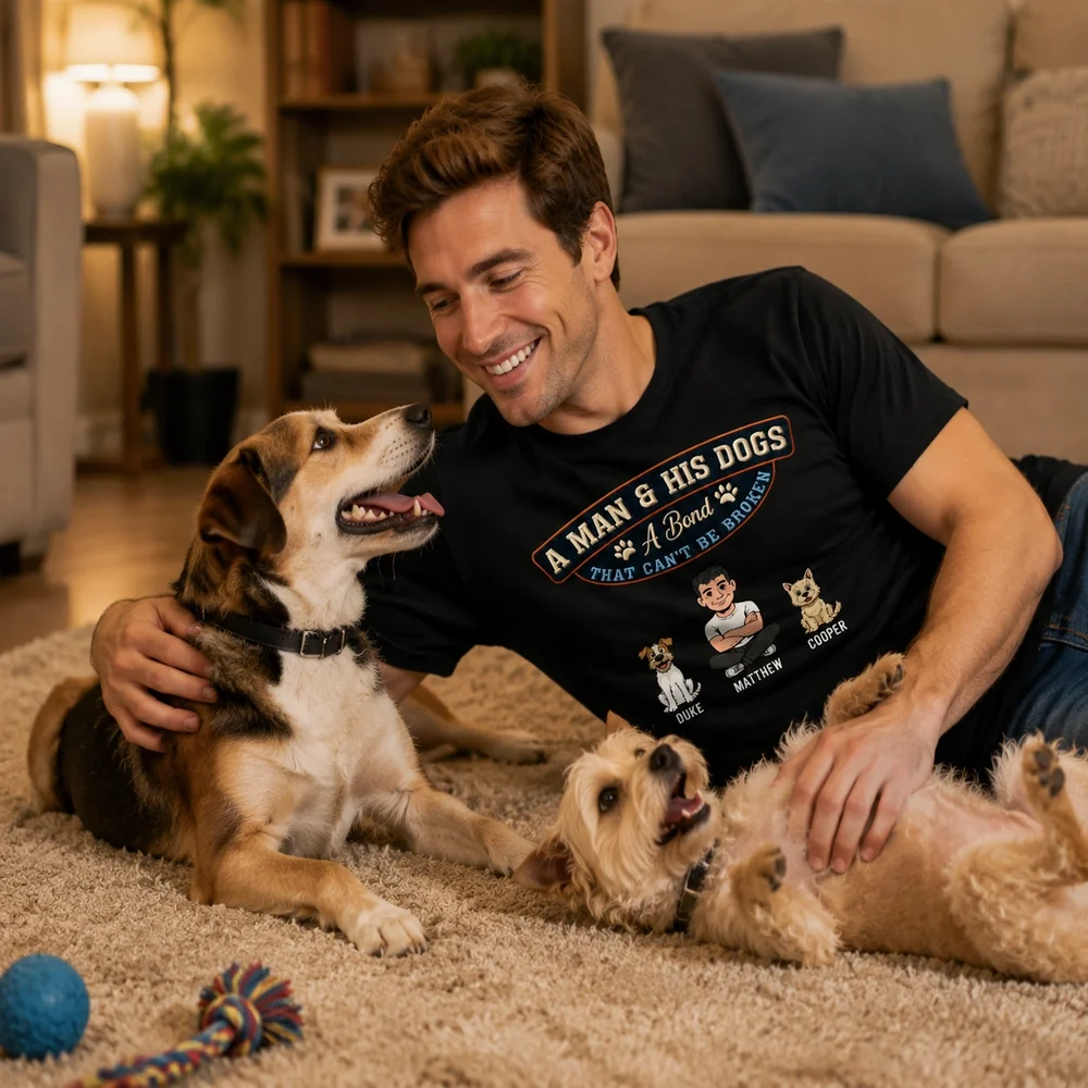 Personalized Classic Tee with Man & Dogs Artwork, Unique Creative Gift for Dog Dad Walks - Image 4