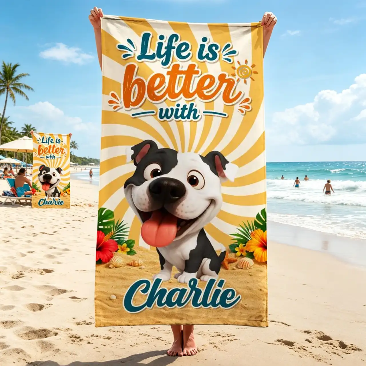 Personalized Beach Towel With Smiling Cartoon Dog, Sunny Beach Style Unique Gift for Dog Lover