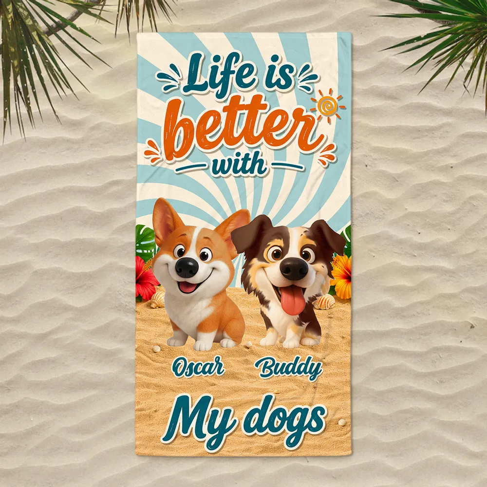 Personalized Beach Towel With Smiling Cartoon Dog, Sunny Beach Style Unique Gift for Dog Lover - Image 2
