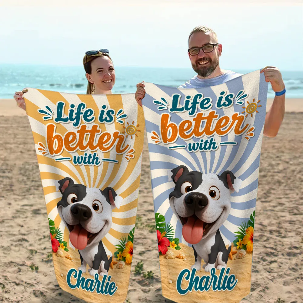 Personalized Beach Towel With Smiling Cartoon Dog, Sunny Beach Style Unique Gift for Dog Lover - Image 3