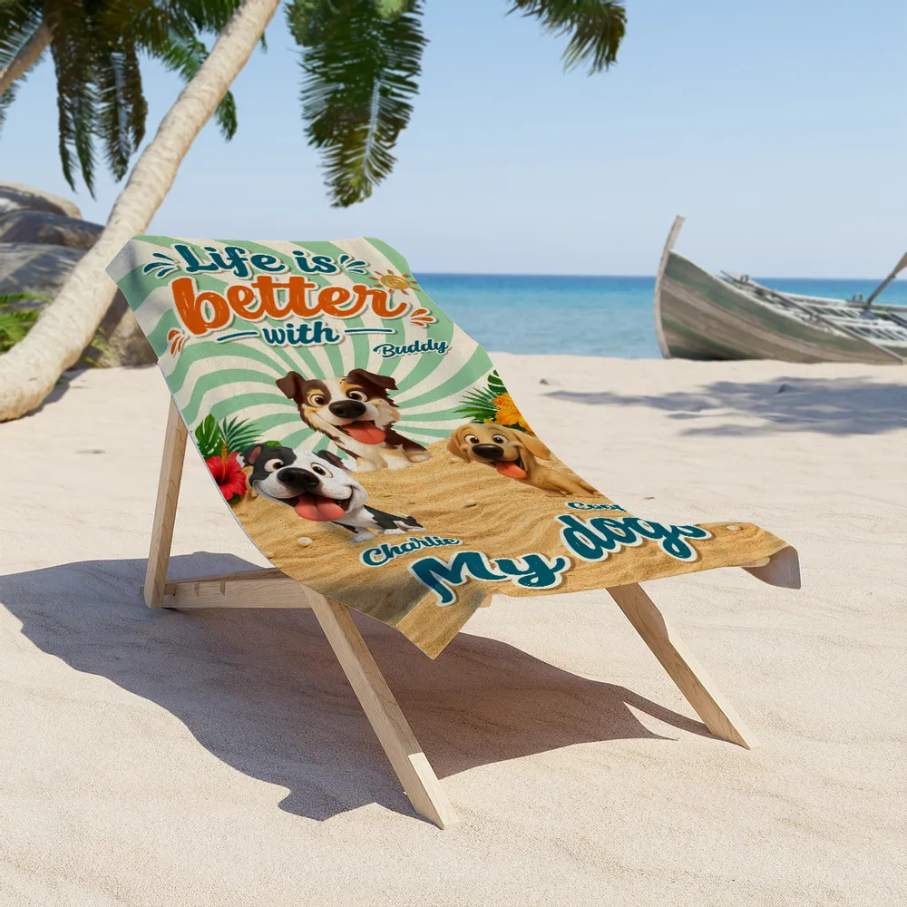 Personalized Beach Towel With Smiling Cartoon Dog, Sunny Beach Style Unique Gift for Dog Lover - Image 4
