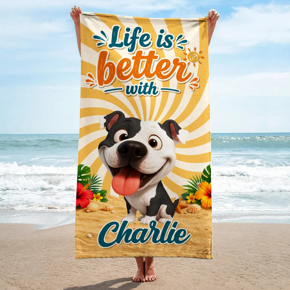 Personalized Beach Towel With Smiling Cartoon Dog, Sunny Beach Style Unique Gift for Dog Lover - Image 5