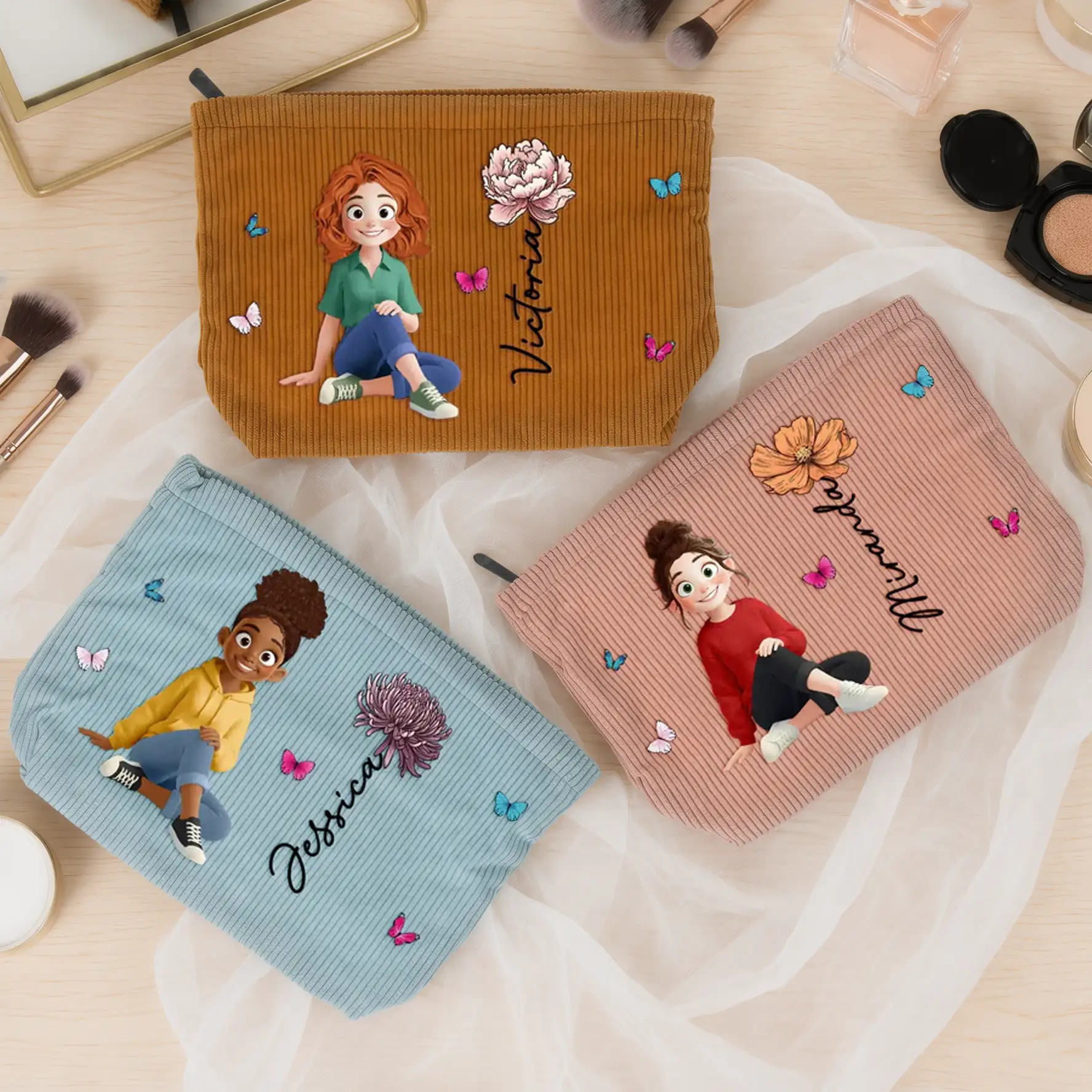 Personalized Corduroy Makeup Bag with Sitting Cute Character & Birth Flower, Unique Gift for Her