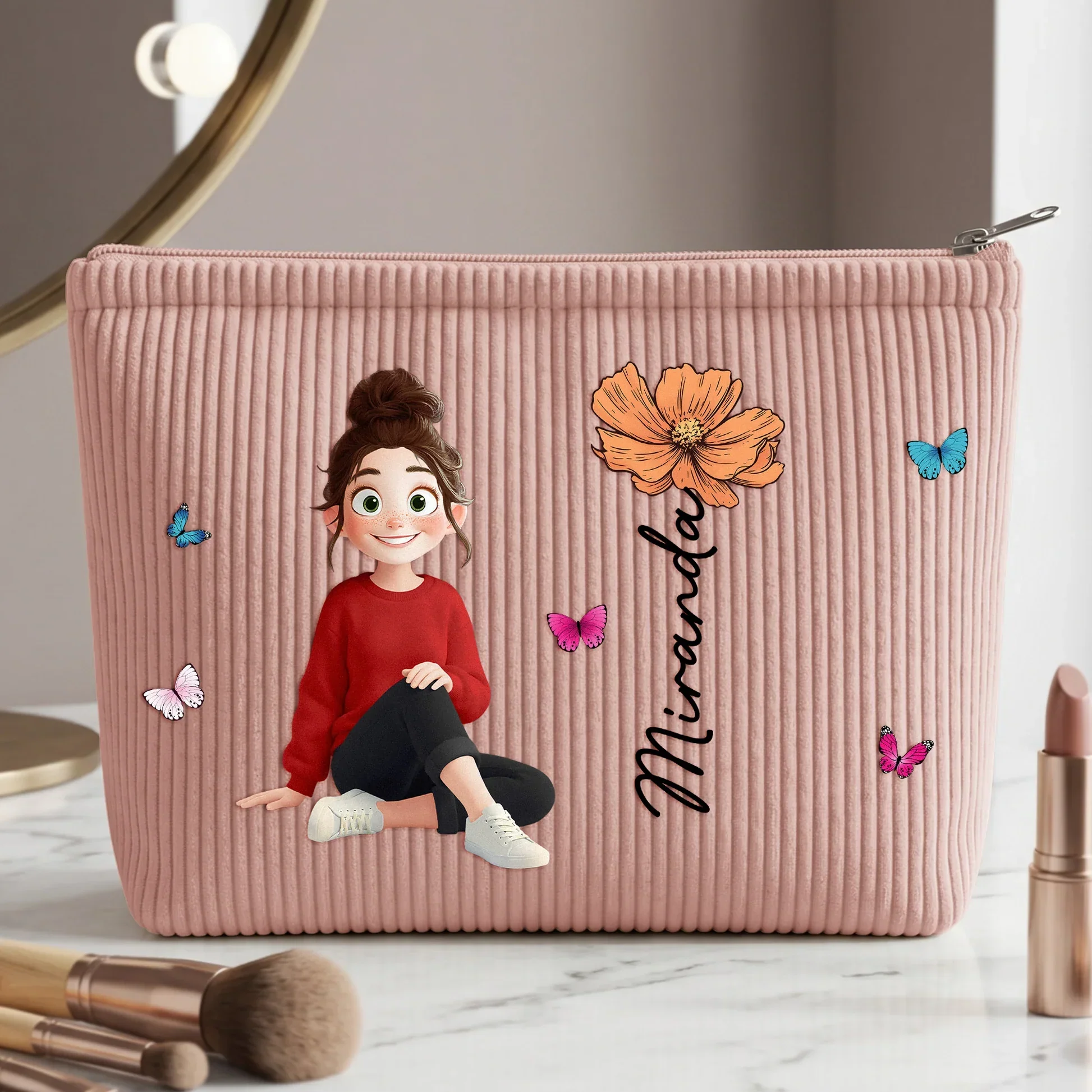 Personalized Corduroy Makeup Bag with Sitting Cute Character & Birth Flower, Unique Gift for Her - Image 2