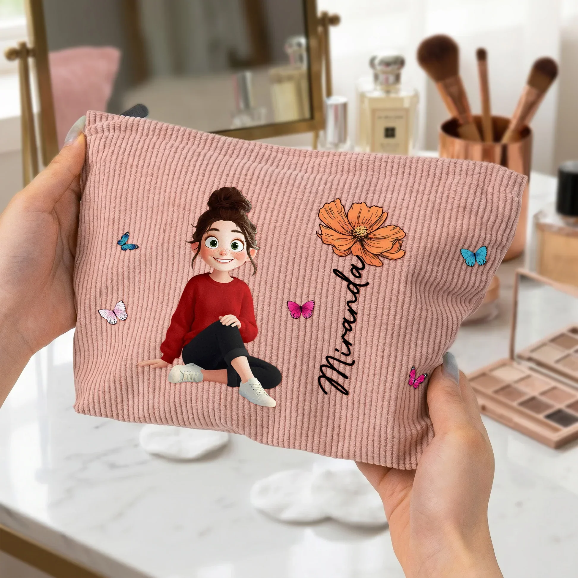 Personalized Corduroy Makeup Bag with Sitting Cute Character & Birth Flower, Unique Gift for Her - Image 3
