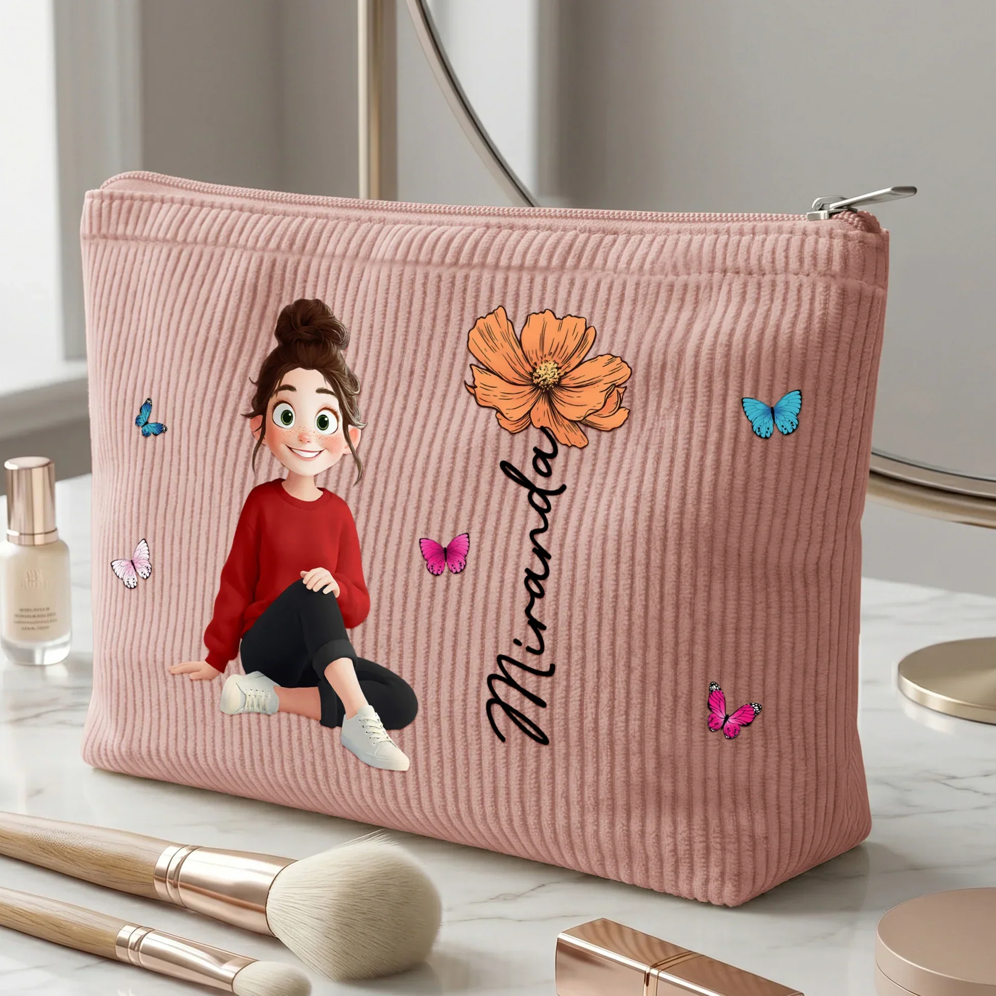 Personalized Corduroy Makeup Bag with Sitting Cute Character & Birth Flower, Unique Gift for Her - Image 6