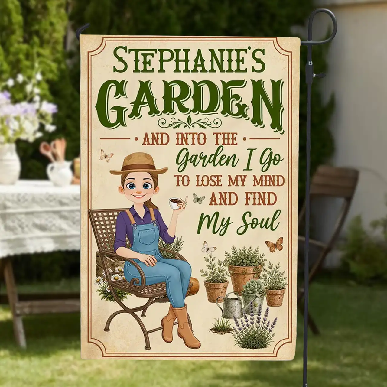 Personalized Garden Flag With Sitting Gardener, Plants & Butterflies, Unique Gift For Plant Lovers