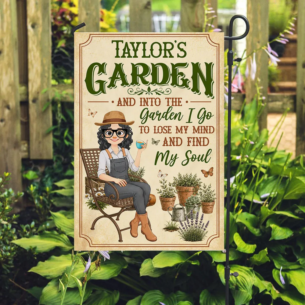 Personalized Garden Flag With Sitting Gardener, Plants & Butterflies, Unique Gift For Plant Lovers - Image 2