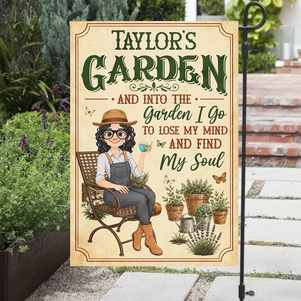 Personalized Garden Flag With Sitting Gardener, Plants & Butterflies, Unique Gift For Plant Lovers - Image 3