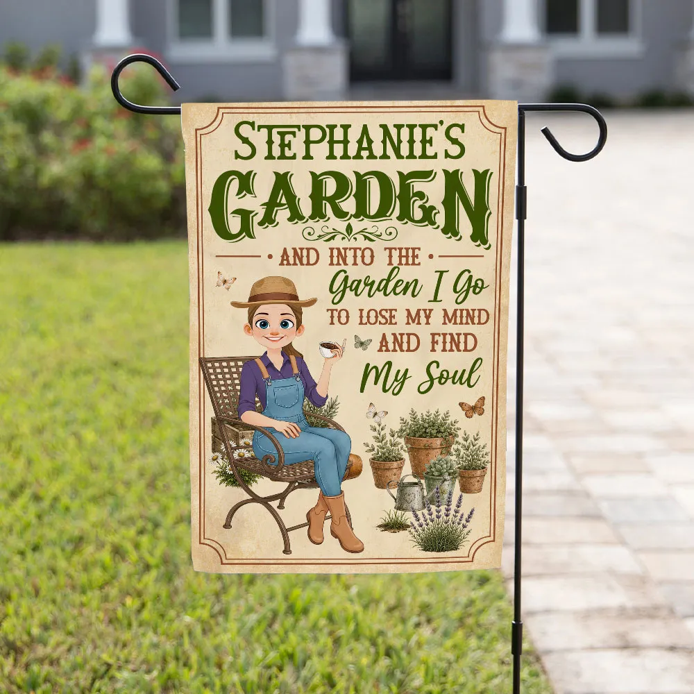 Personalized Garden Flag With Sitting Gardener, Plants & Butterflies, Unique Gift For Plant Lovers - Image 5