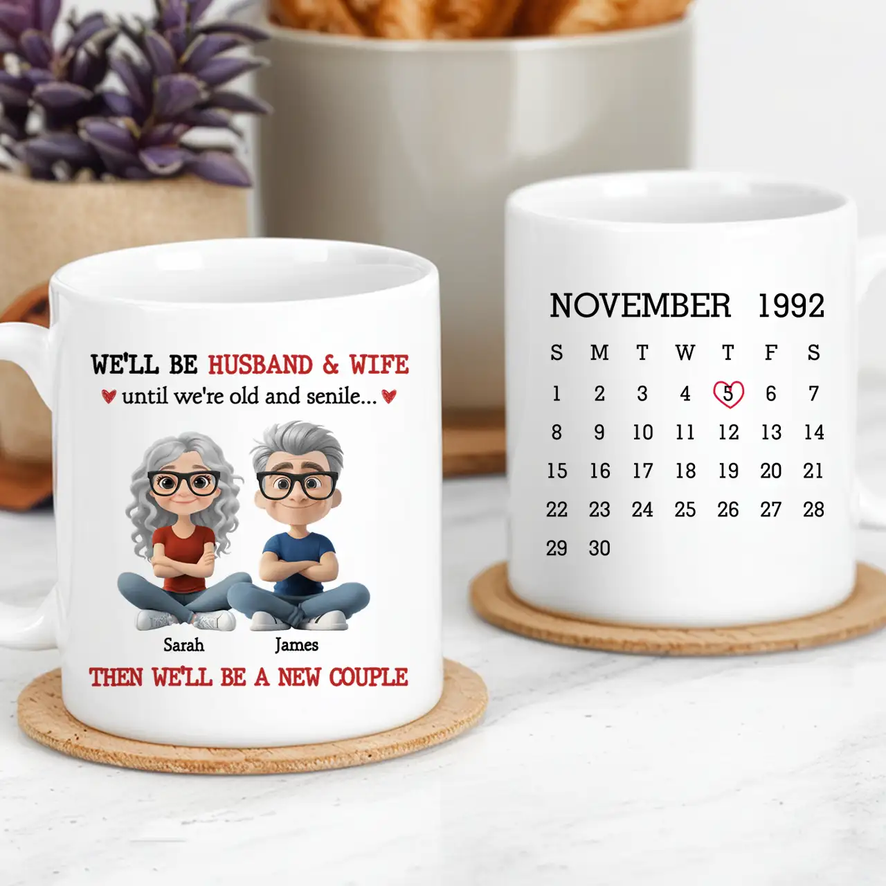 Personalized Ceramic Mug with Sitting Cartoon Couple, Calendar Date Design, Unique Gift for Husband & Wife
