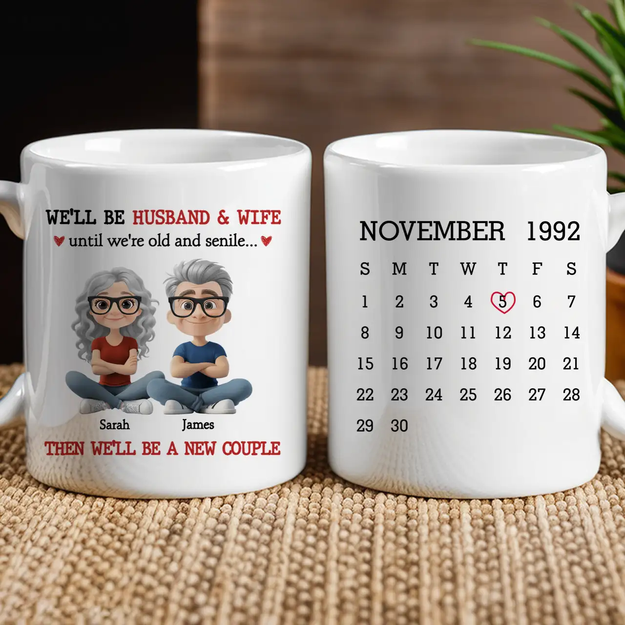 Personalized Ceramic Mug with Sitting Cartoon Couple, Calendar Date Design, Unique Gift for Husband & Wife - Image 2
