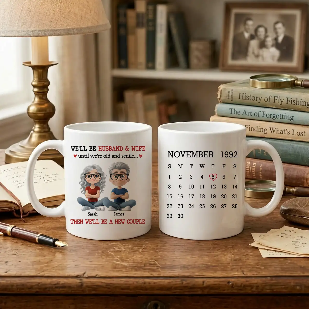 Personalized Ceramic Mug with Sitting Cartoon Couple, Calendar Date Design, Unique Gift for Husband & Wife - Image 3