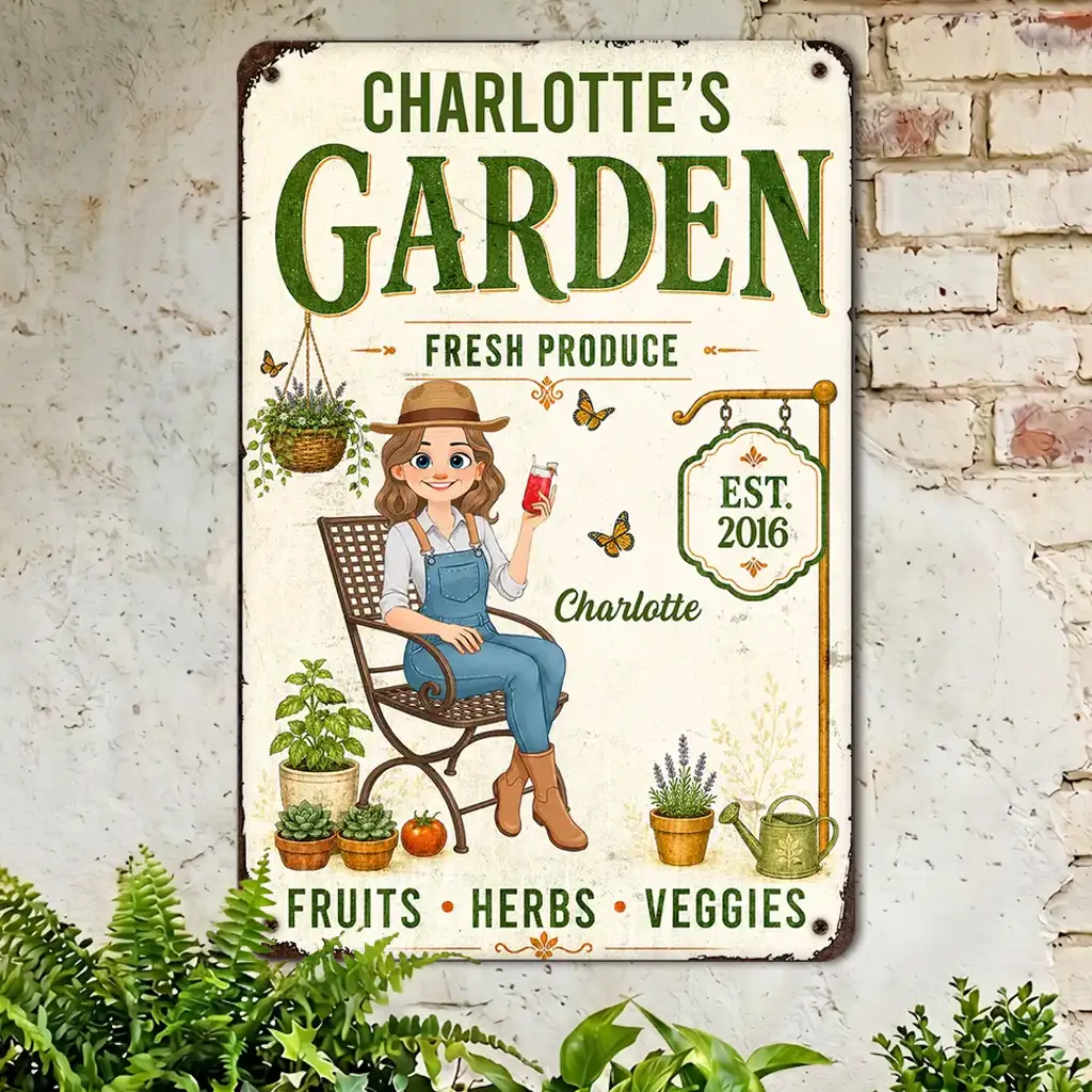 Personalized Rectangular Iron Sign, Vintage Cream Garden Decor for Porch, Unique Gift for Garden Lovers