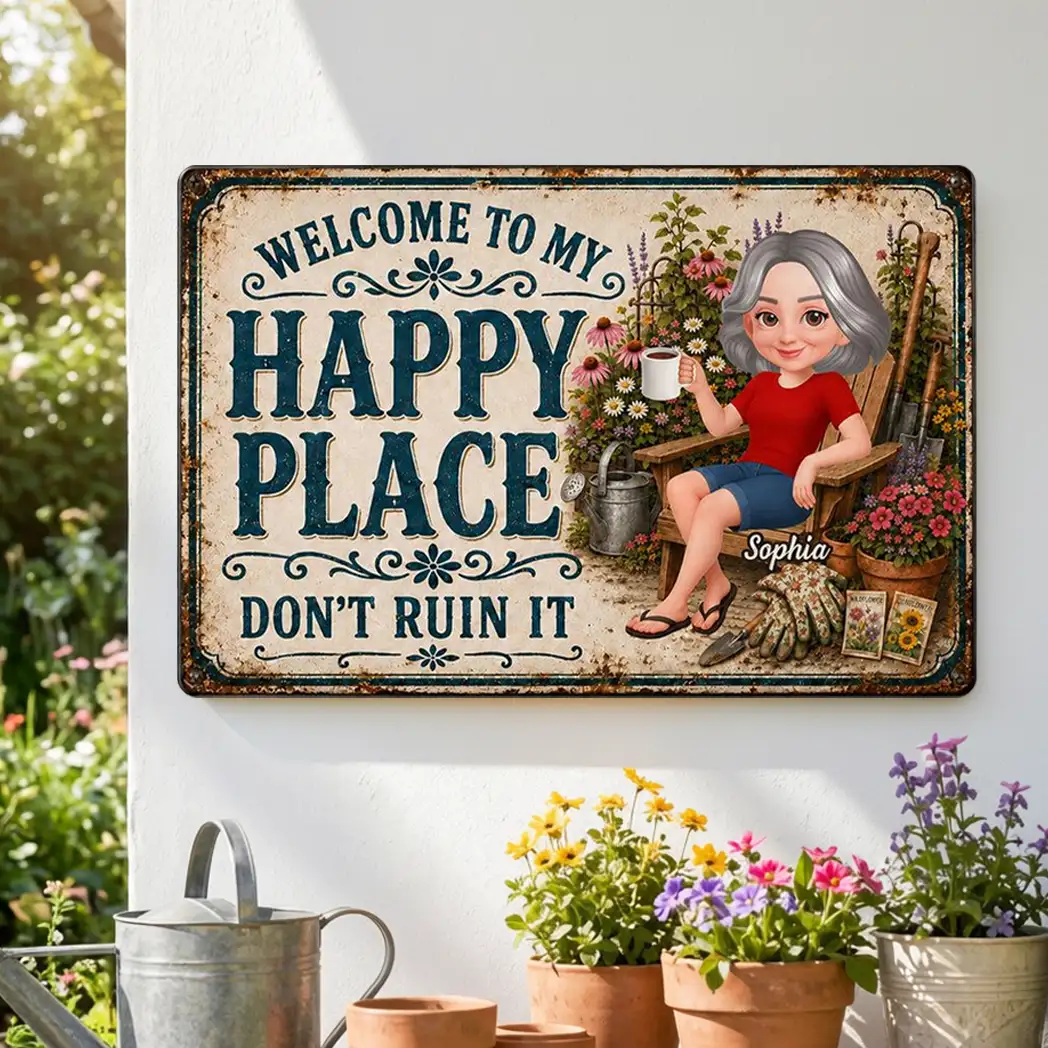 Personalized Rectangular Iron Sign with Relaxing Gardener, Vintage Happy Place Decor, Unique Gift for Mom