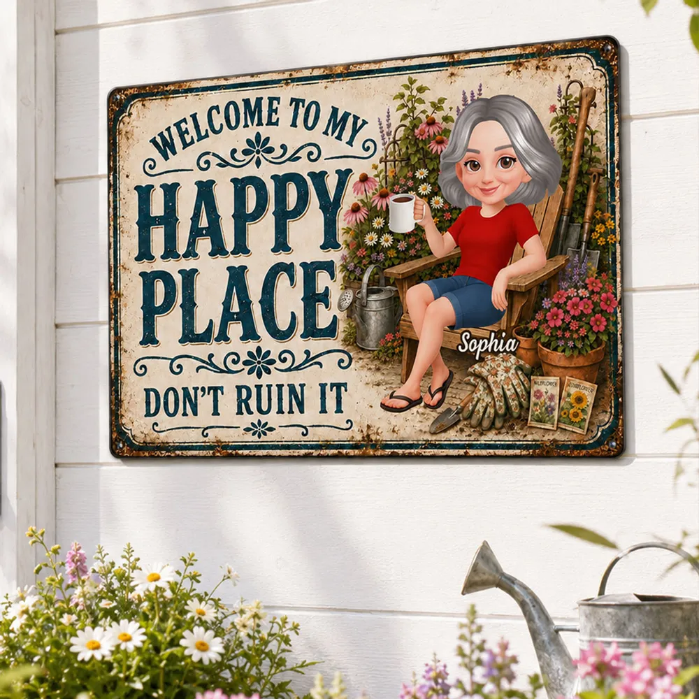 Personalized Rectangular Iron Sign with Relaxing Gardener, Vintage Happy Place Decor, Unique Gift for Mom - Image 2