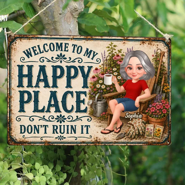Personalized Rectangular Iron Sign with Relaxing Gardener, Vintage Happy Place Decor, Unique Gift for Mom - Image 3