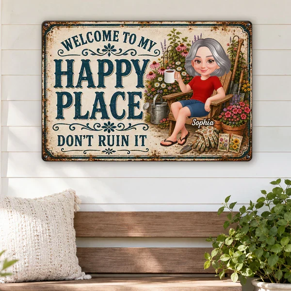 Personalized Rectangular Iron Sign with Relaxing Gardener, Vintage Happy Place Decor, Unique Gift for Mom - Image 6