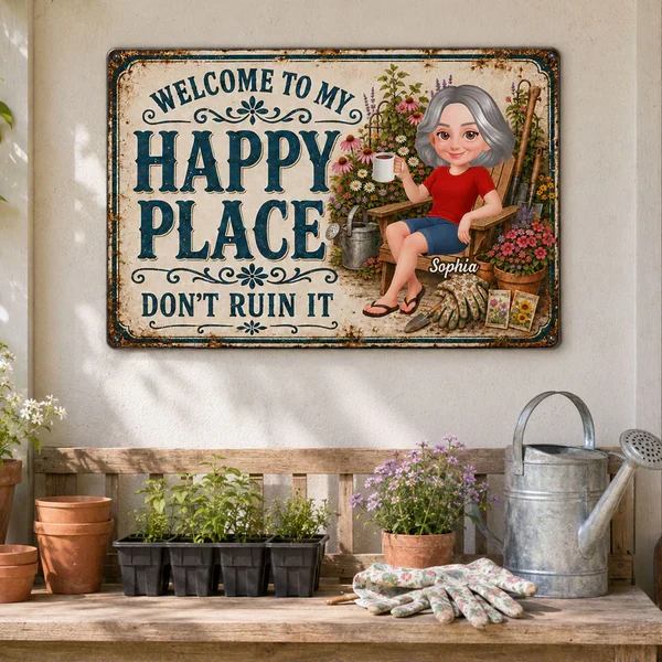 Personalized Rectangular Iron Sign with Relaxing Gardener, Vintage Happy Place Decor, Unique Gift for Mom - Image 7
