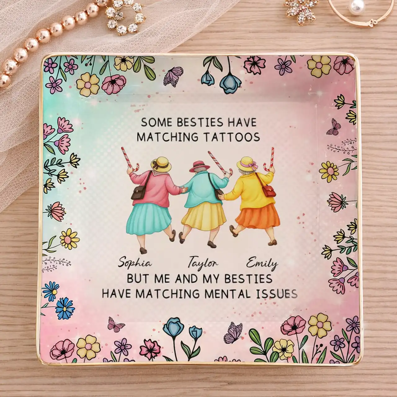 Personalized Jewelry Dish with Walking Friends Illustration, Funny Floral Decor, Creative Gift for Friend