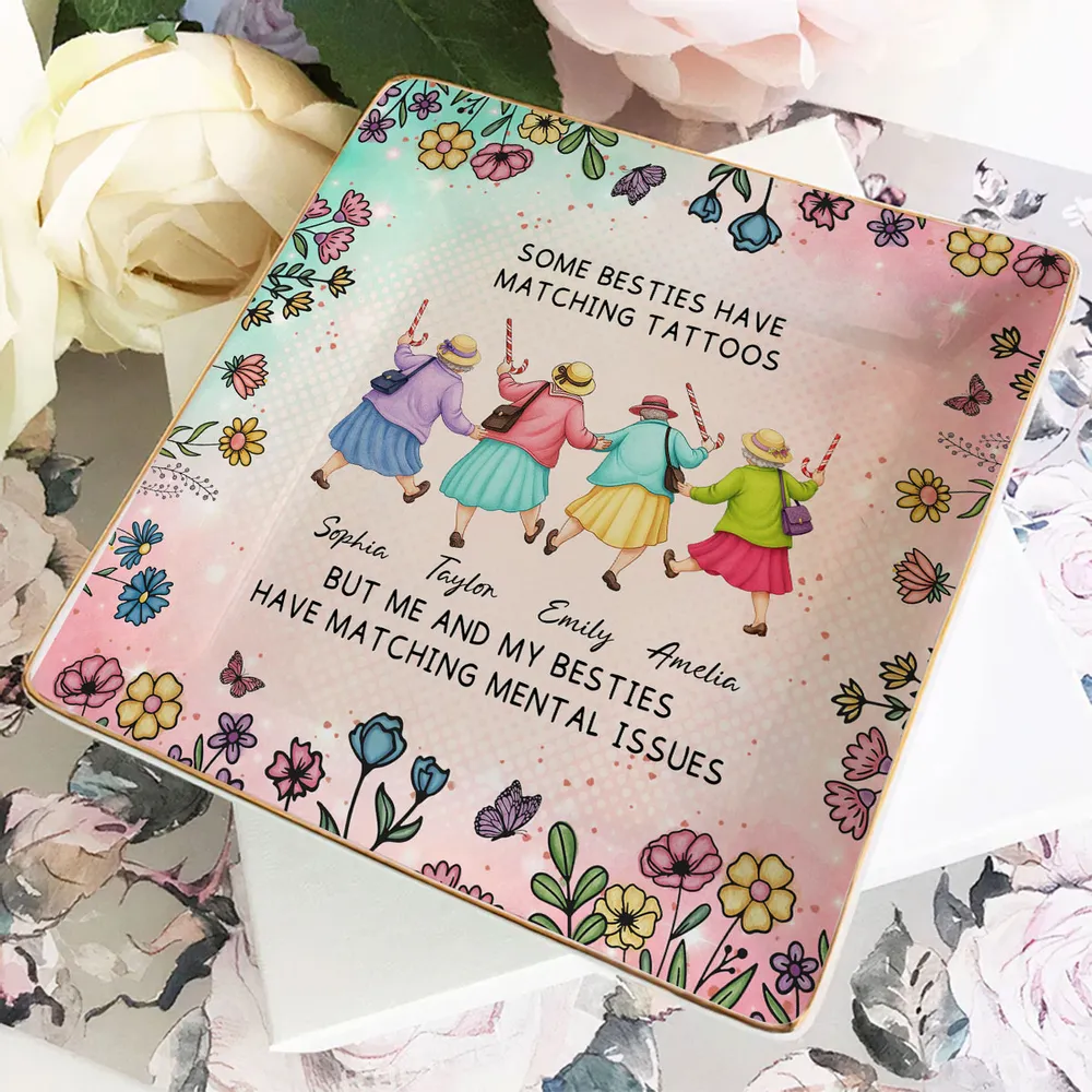 Personalized Jewelry Dish with Walking Friends Illustration, Funny Floral Decor, Creative Gift for Friend - Image 5